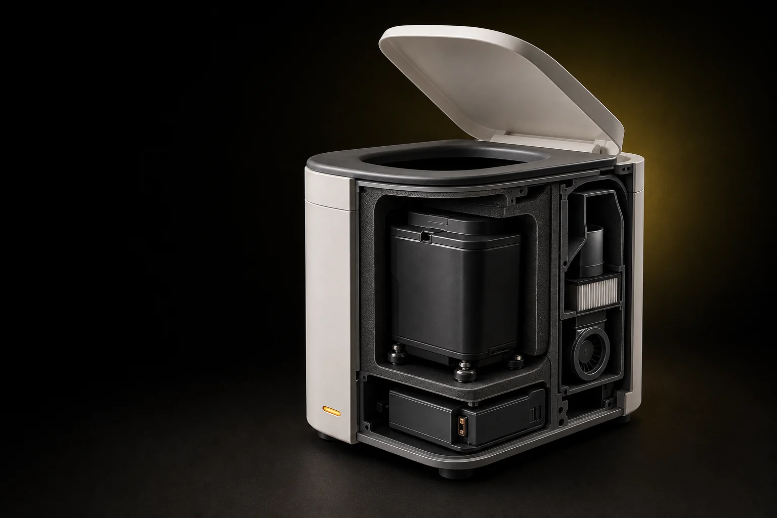 Desk Toilet One cutaway showing the isolated cartridge, acoustic lining, filtered air path, and control module