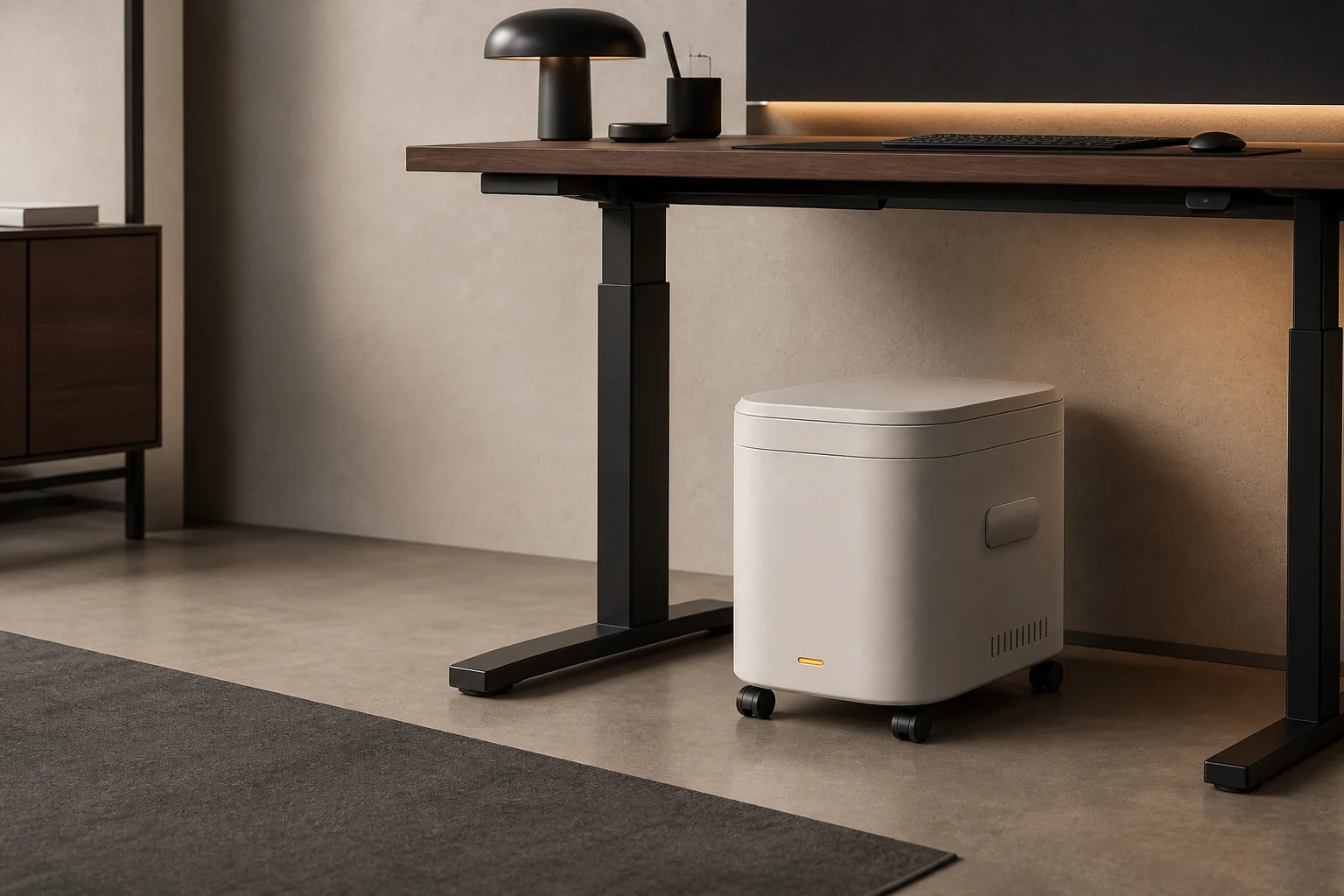 Desk Toilet One positioned beneath a height-adjustable workstation